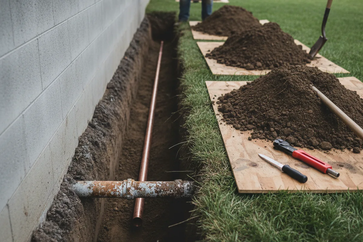 Excavated water line trench during Sewer Line Repair in Cleveland